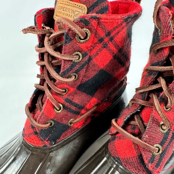 Sperry Top Sider Red and Black Buffalo Plaid Rubber Duck Boots Womens Size 7 - Picture 5 of 13